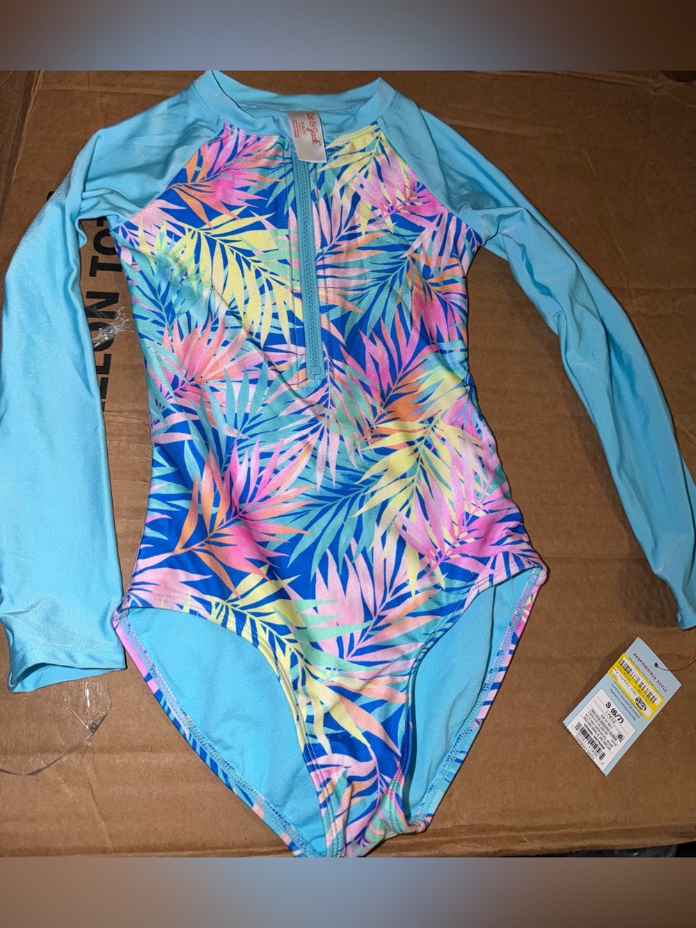 Target Girls' Light Blue Tropical Leaf Long-Sleeve One-Piece Swimsuit